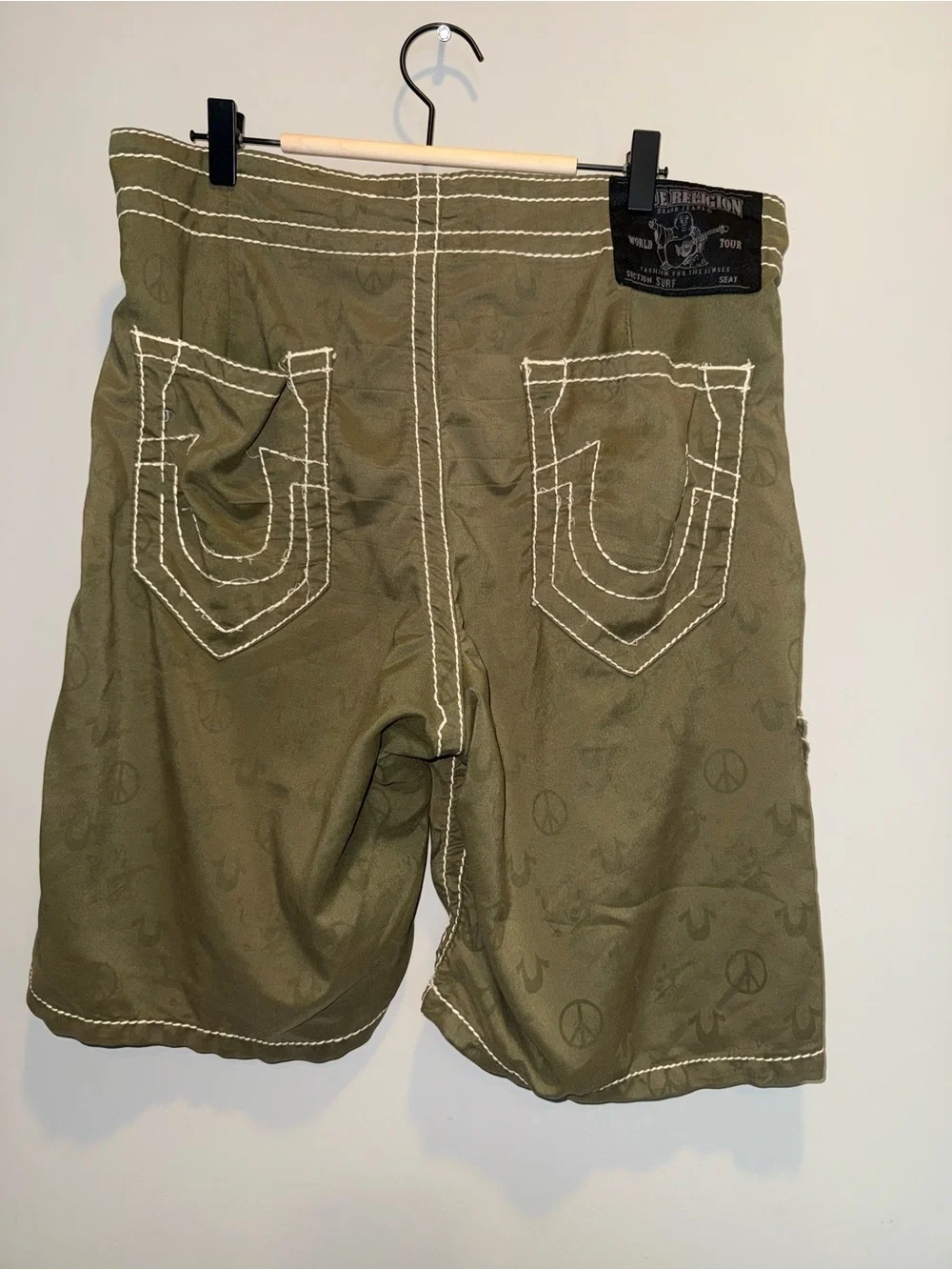 True Religion Olive Green Men's Swim Board Shorts with Contrast Stitching